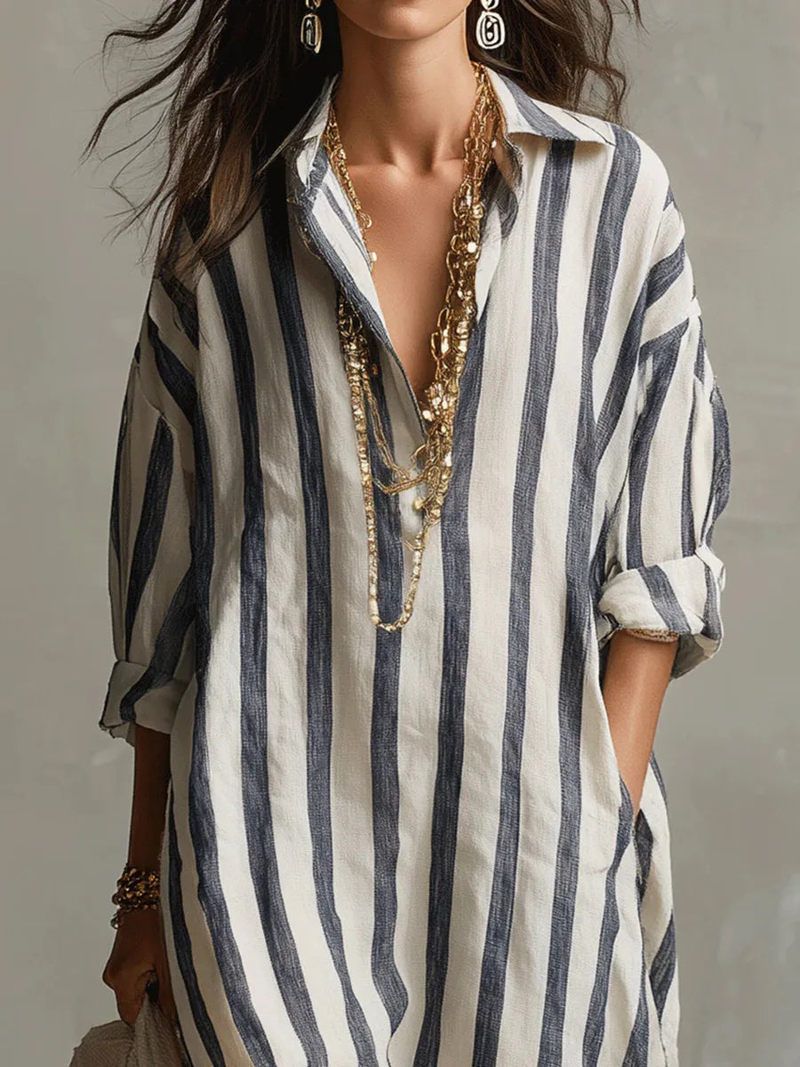 Abito Chemisier Lungo A Righe Da Donna Con Scollo A V, immagine 3