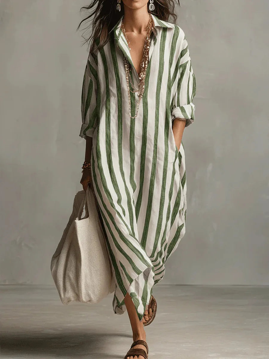 Abito Chemisier Lungo A Righe Da Donna Con Scollo A V, immagine 5