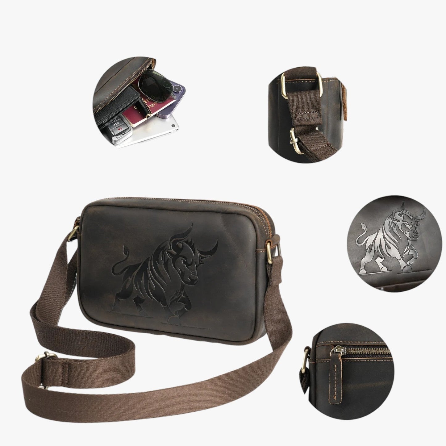Borsa A Tracolla Marrone Con Motivo Leone Uomo — Monza, immagine 4