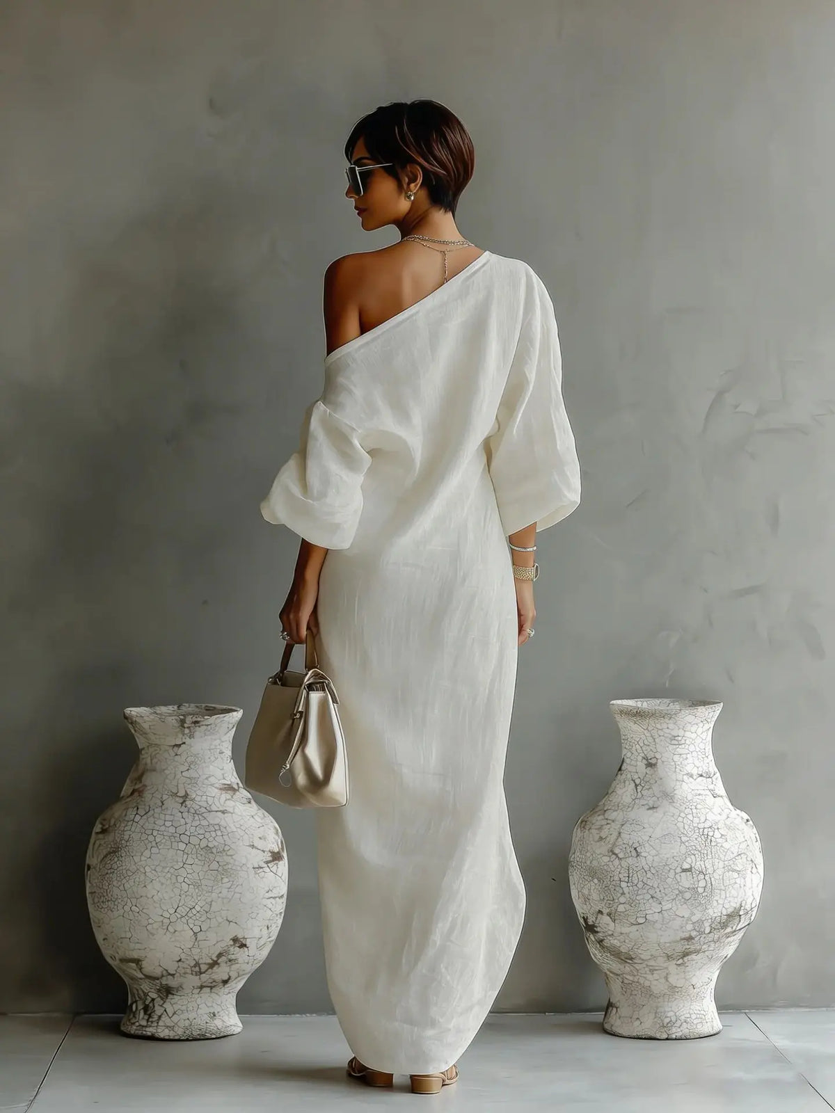 Abito Lungo Asimmetrico Da Donna Monospalla Con Tasche, immagine 3
