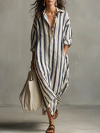 Abito Chemisier Lungo A Righe Da Donna Con Scollo A V, immagine 1