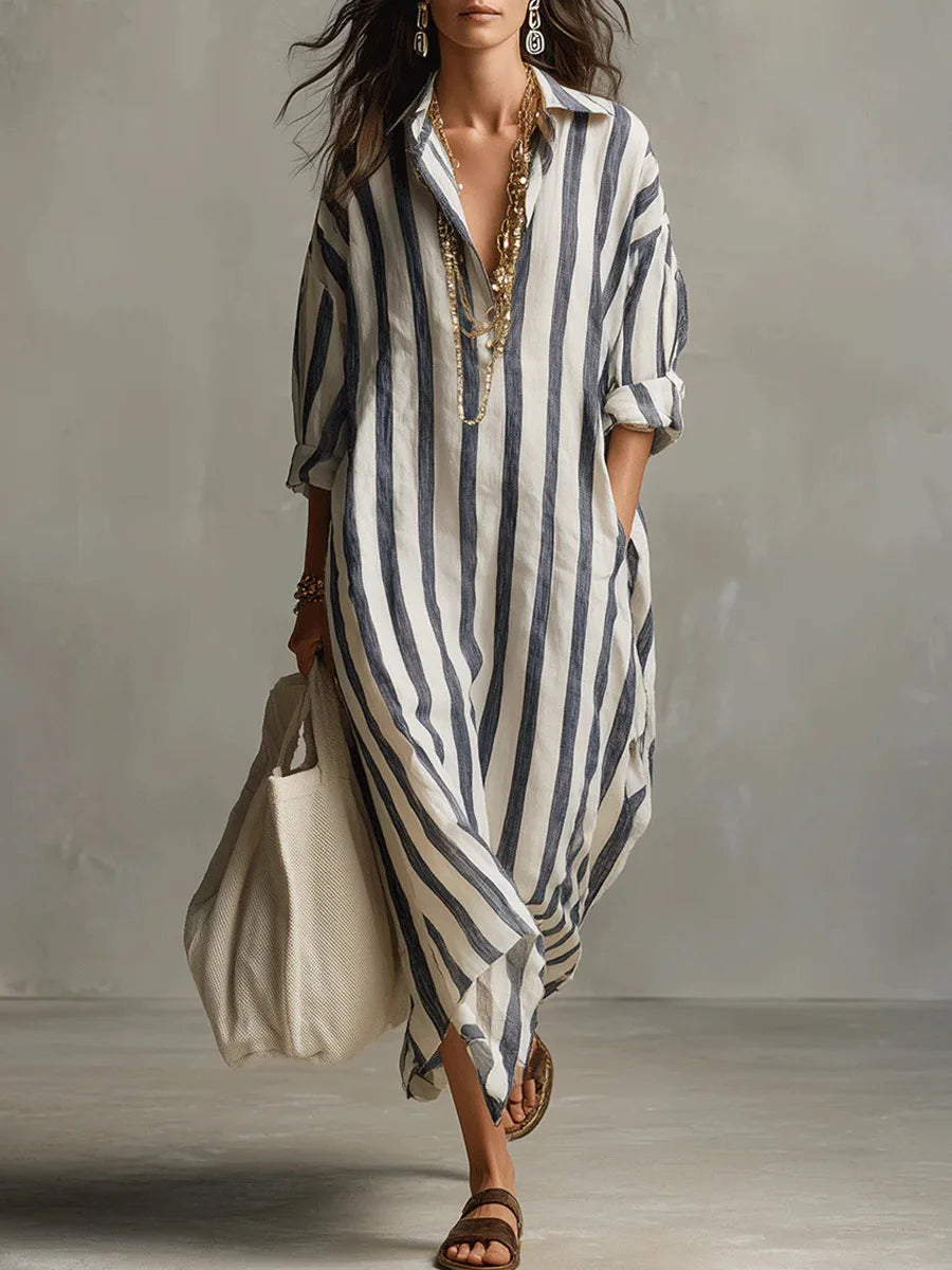 Abito Chemisier Lungo A Righe Da Donna Con Scollo A V, immagine 1
