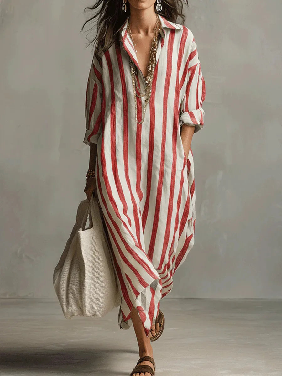 Abito Chemisier Lungo A Righe Da Donna Con Scollo A V, immagine 6