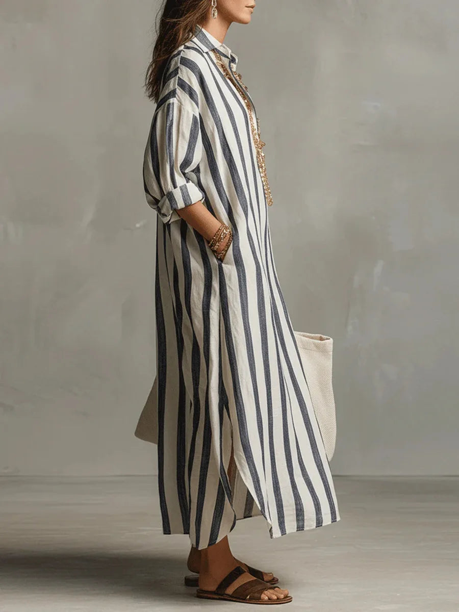 Abito Chemisier Lungo A Righe Da Donna Con Scollo A V, immagine 2
