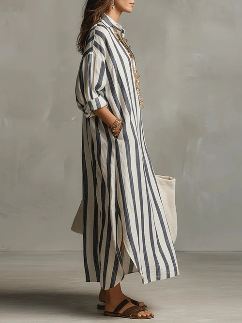 Abito Chemisier Lungo A Righe Da Donna Con Scollo A V, immagine 2