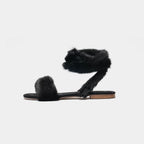 Sandali Neri Da Donna In Visone Con Fascia, Lacci E Memory Foam, immagine 6