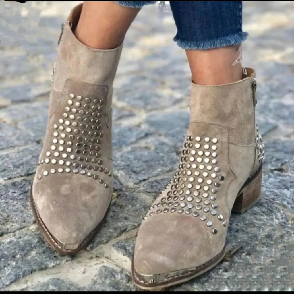 Stivaletti Da Donna Kaki Con Borchie, Punta Affusolata E Zip, immagine 4