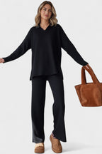 Completo In Maglia Da Donna Con Collo Polo E Pantaloni Larghi, immagine 10
