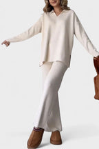 Completo In Maglia Da Donna Con Collo Polo E Pantaloni Larghi, immagine 2
