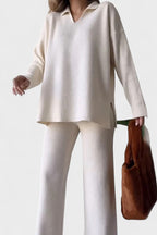Completo In Maglia Da Donna Con Collo Polo E Pantaloni Larghi, immagine 3