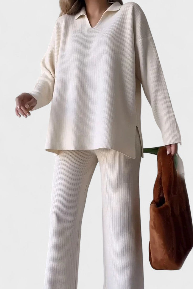 Completo In Maglia Da Donna Con Collo Polo E Pantaloni Larghi, immagine 3