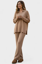 Completo In Maglia Da Donna Con Collo Polo E Pantaloni Larghi, immagine 4
