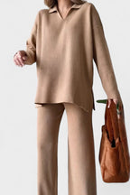 Completo In Maglia Da Donna Con Collo Polo E Pantaloni Larghi, immagine 5