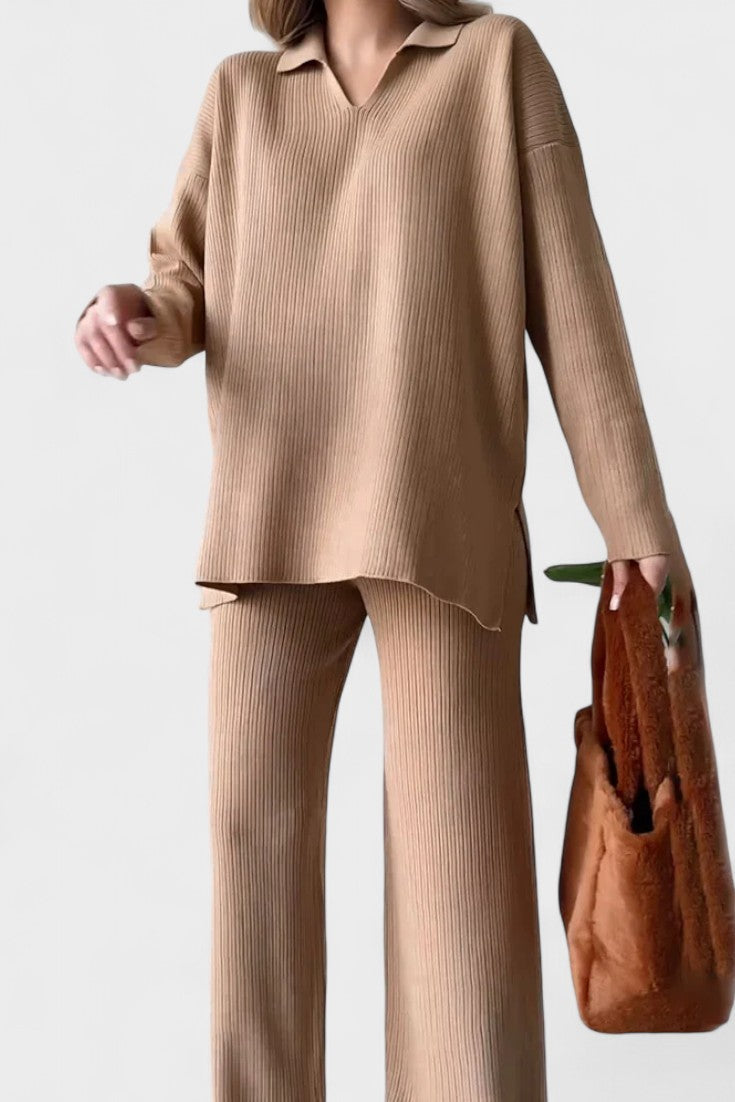Completo In Maglia Da Donna Con Collo Polo E Pantaloni Larghi, immagine 5