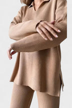 Completo In Maglia Da Donna Con Collo Polo E Pantaloni Larghi, immagine 6