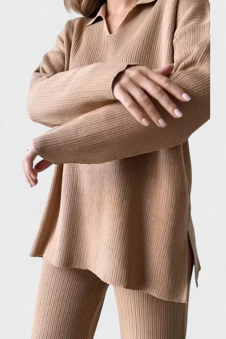 Completo In Maglia Da Donna Con Collo Polo E Pantaloni Larghi, immagine 6