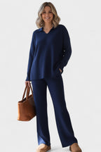 Completo In Maglia Da Donna Con Collo Polo E Pantaloni Larghi, immagine 7