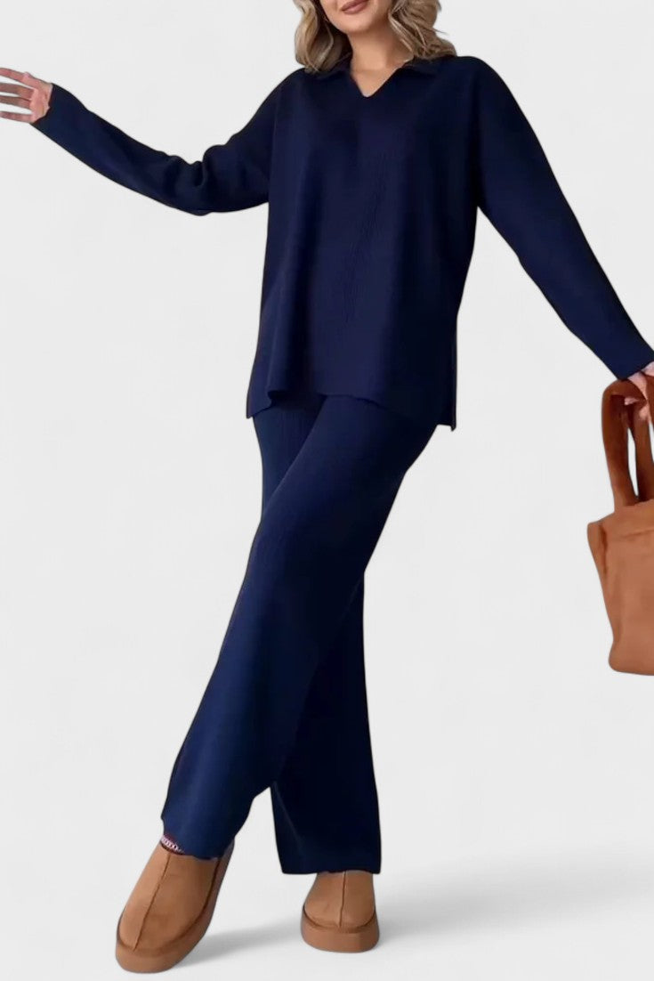 Completo In Maglia Da Donna Con Collo Polo E Pantaloni Larghi, immagine 8