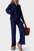 Completo In Maglia Da Donna Con Collo Polo E Pantaloni Larghi, immagine 9