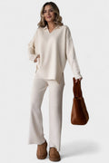 Completo In Maglia Da Donna Con Collo Polo E Pantaloni Larghi, immagine 1