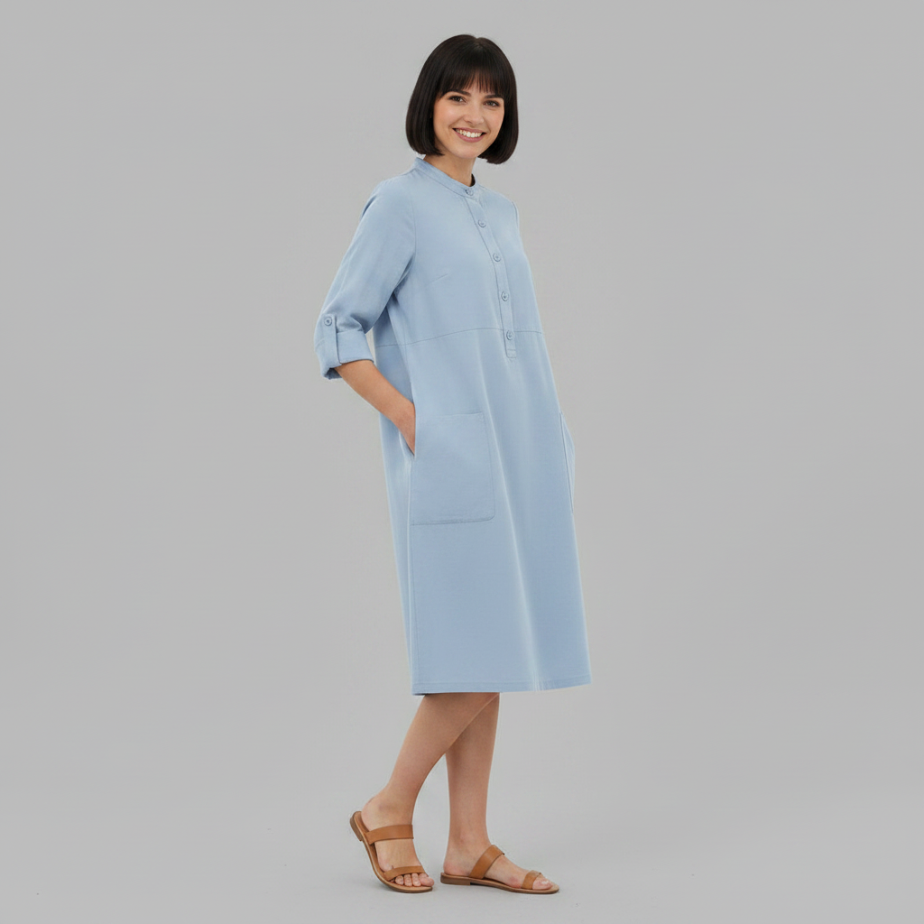 Abito Midi Casual Da Donna Con Colletto E Maniche Tre Quarti, immagine 3