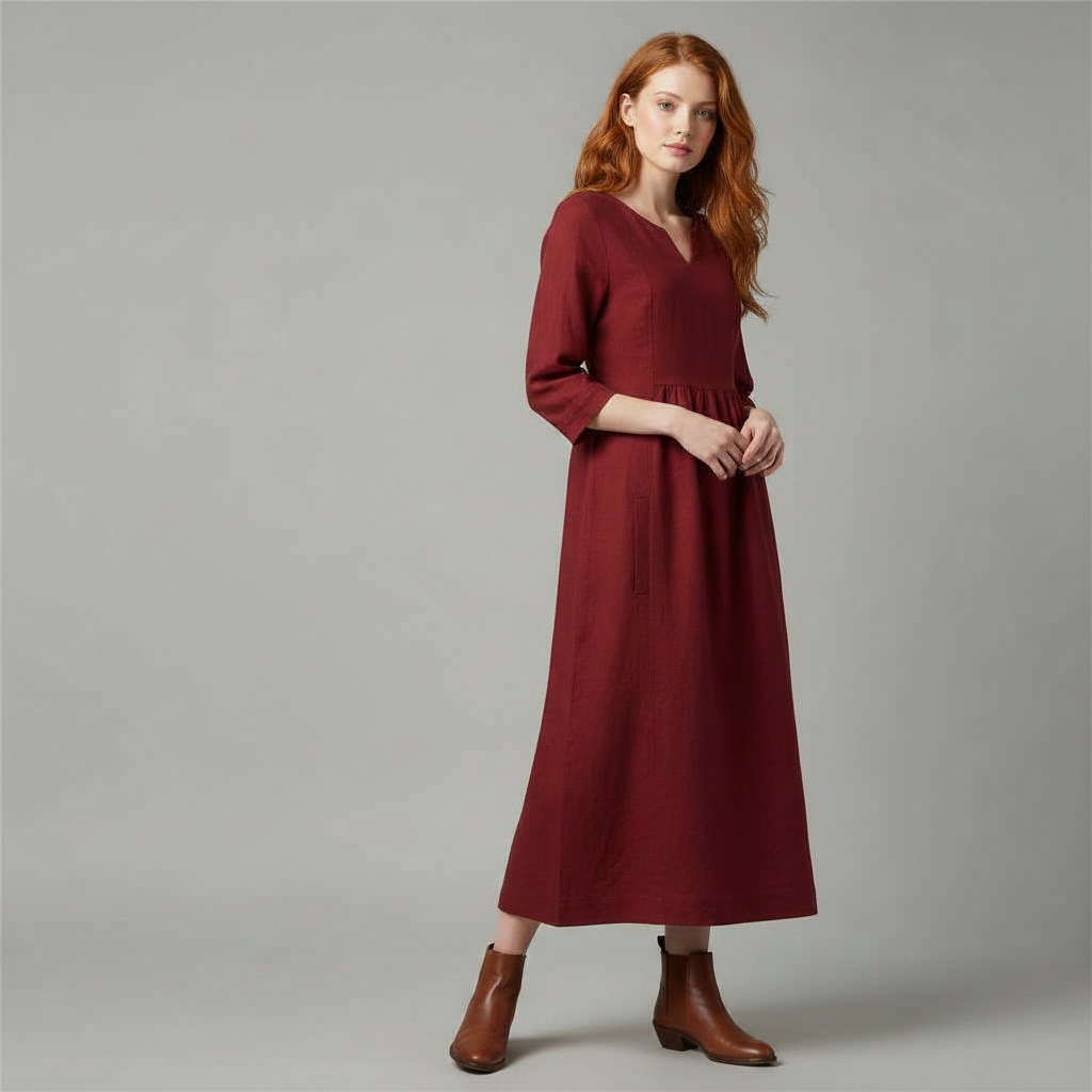Abito Midi Elegante Da Donna Con Scollo A V E Maniche Tre Quarti, immagine 4