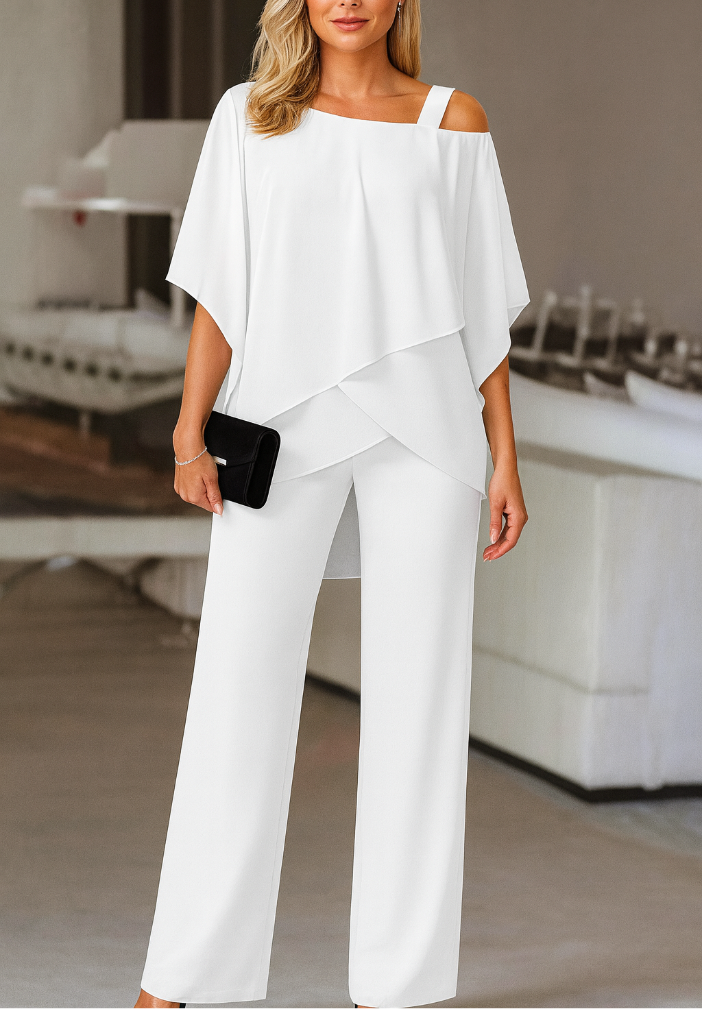 Completo Elegante Da Donna Con Blusa E Pantaloni A Gamba Larga, immagine 3