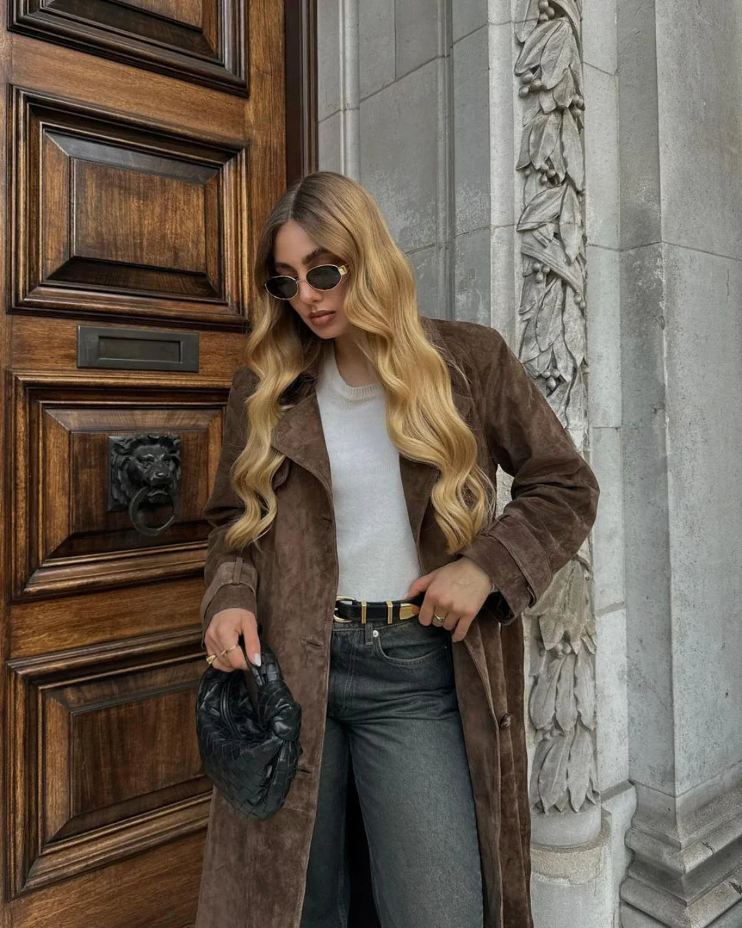 Trench Lungo Effetto Scamosciato Da Donna Con Cintura E Doppiopetto, immagine 4
