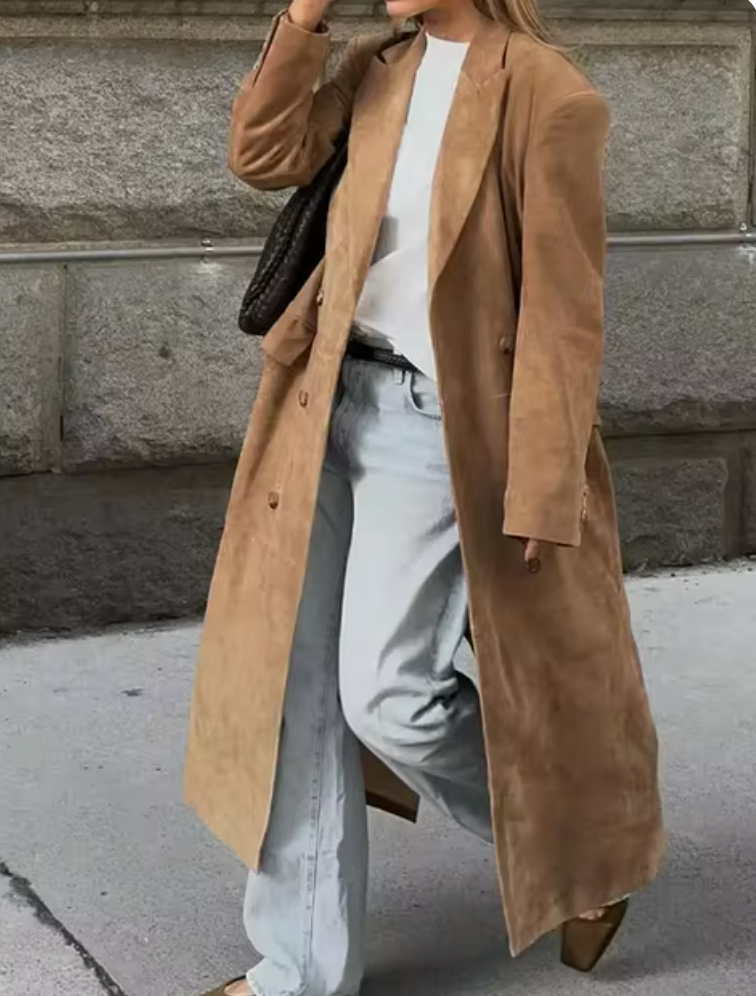Trench Lungo Effetto Scamosciato Da Donna Con Cintura E Doppiopetto, immagine 5