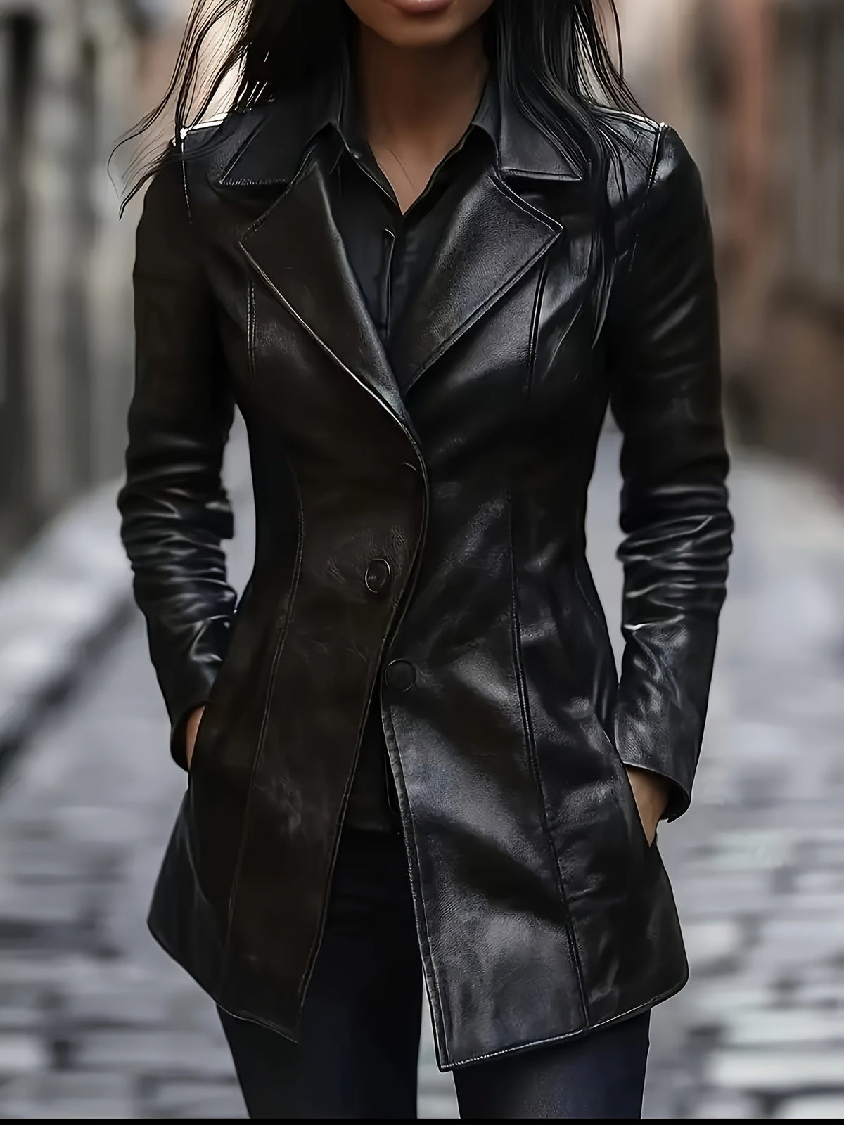 Cappotto Nero Sfiancato Da Donna Con Revers E Lunghezza Midi, immagine 2
