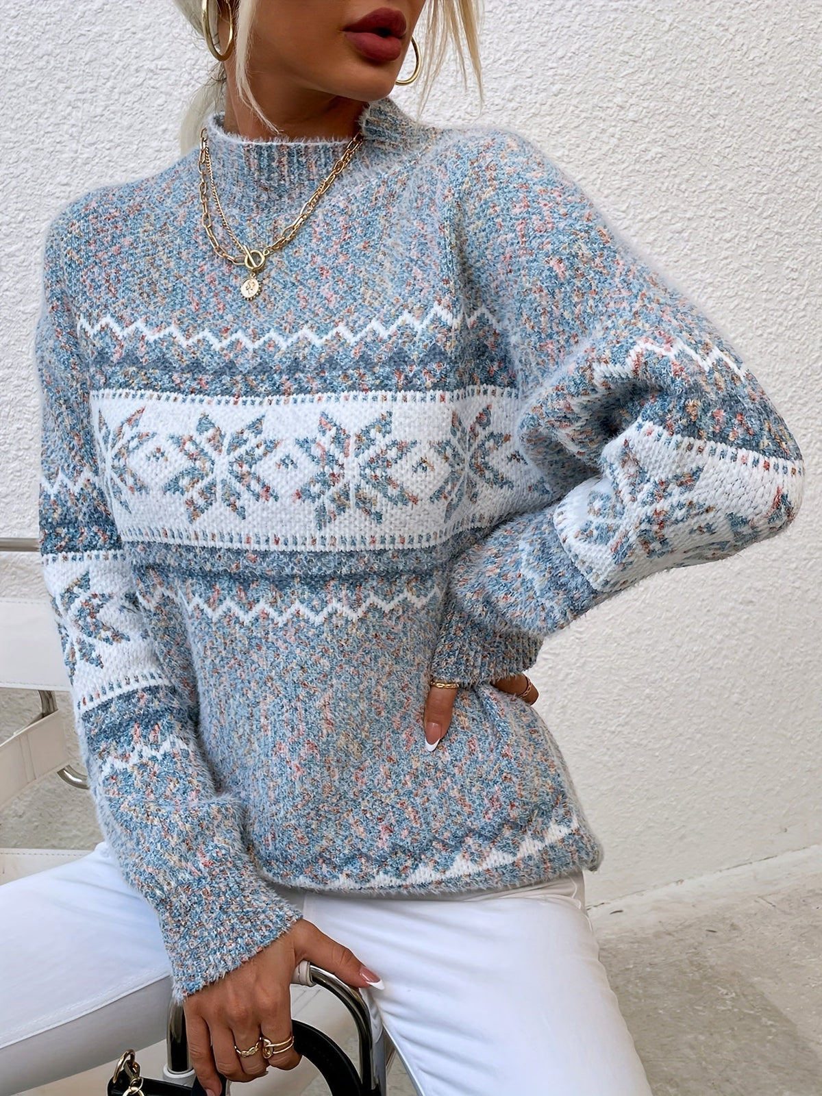 Maglione Con Fiocchi Di Neve Da Donna Con Collo Alto E Taglio Comodo, immagine 3