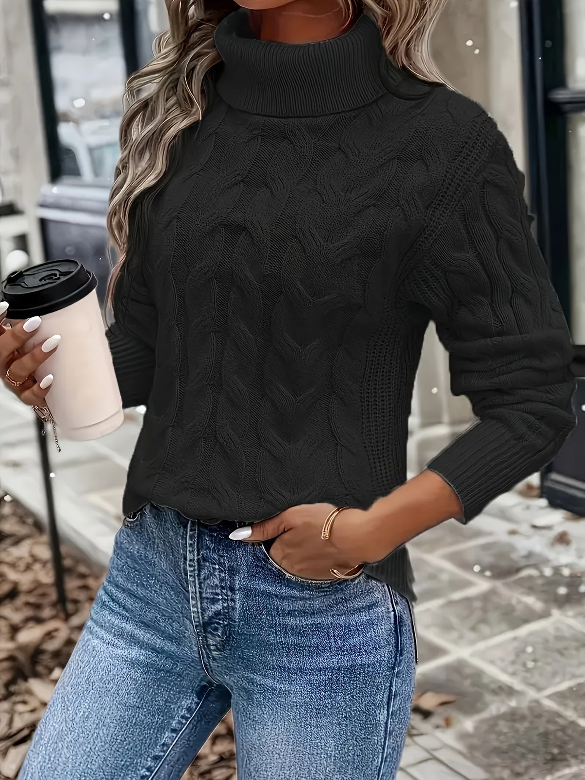 Maglione A Trecce Da Donna Con Collo Alto E Taglio Comodo, immagine 8