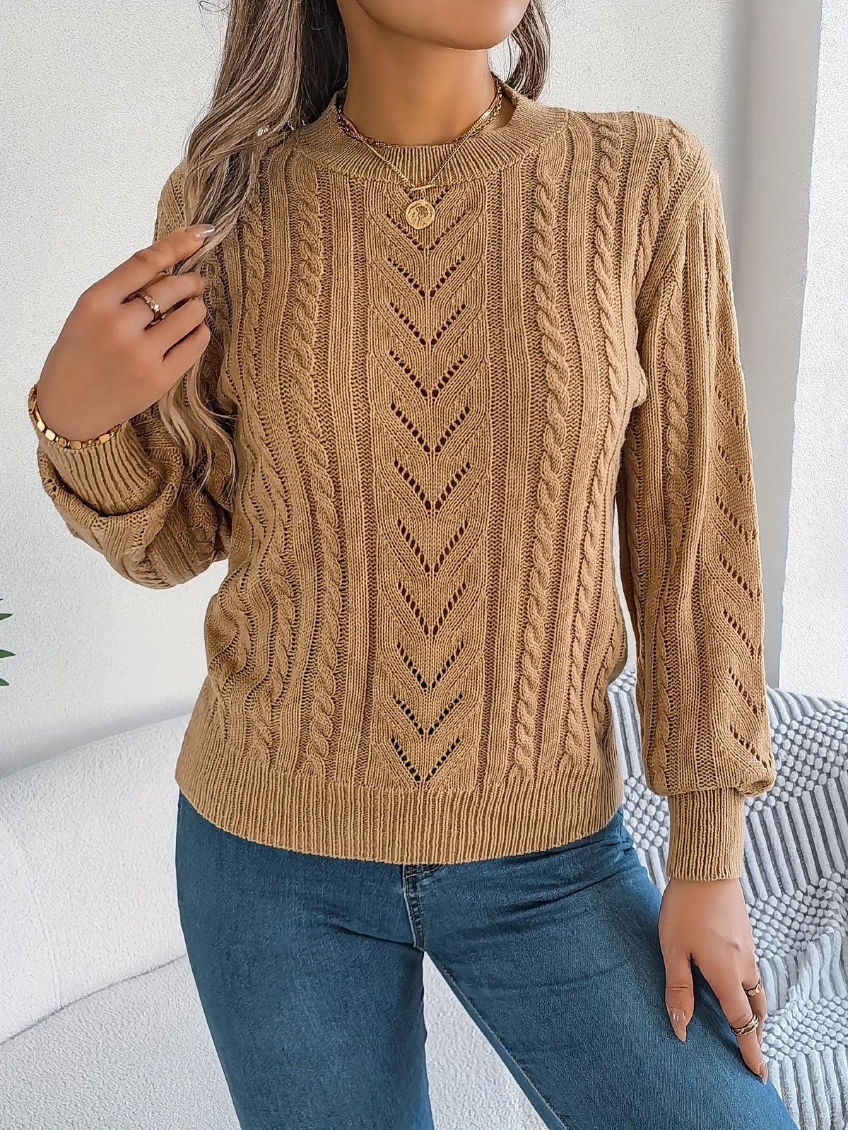 Maglione A Trecce Da Donna Con Girocollo E Maniche Lunghe, immagine 2