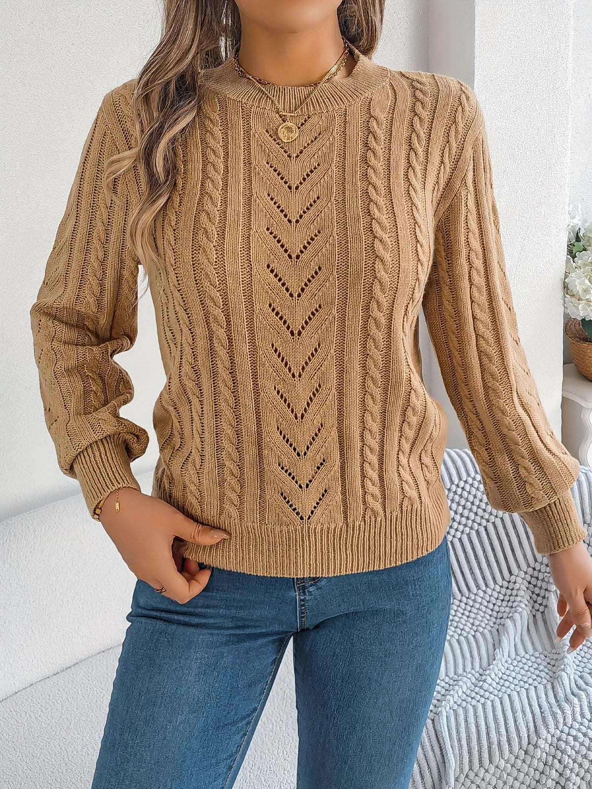 Maglione A Trecce Da Donna Con Girocollo E Maniche Lunghe, immagine 7