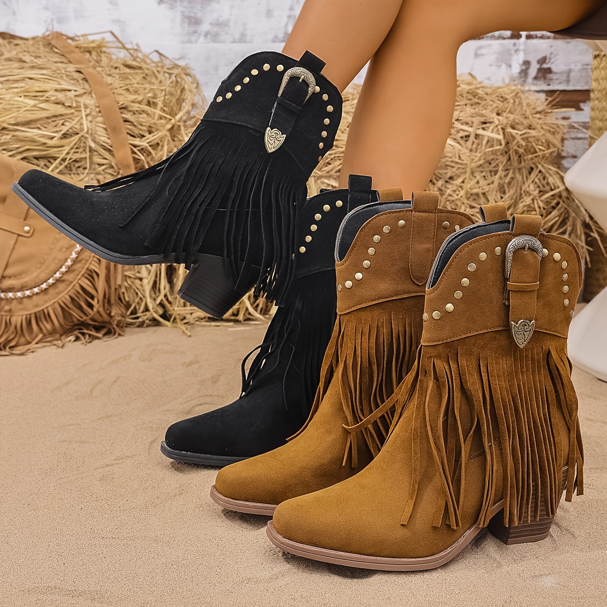 Stivali Cowboy Con Frange Da Donna Con Borchie E Tacco A Blocco, immagine 12