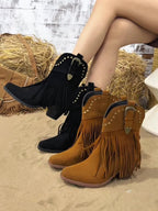 Stivali Cowboy Con Frange Da Donna Con Borchie E Tacco A Blocco, immagine 13