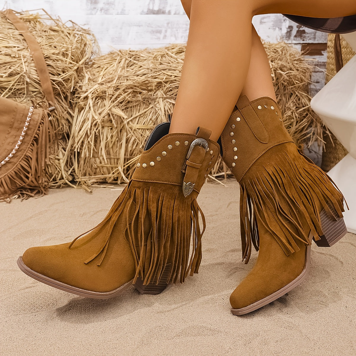 Stivali Cowboy Con Frange Da Donna Con Borchie E Tacco A Blocco, immagine 2