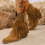 Stivali Cowboy Con Frange Da Donna Con Borchie E Tacco A Blocco, immagine 3