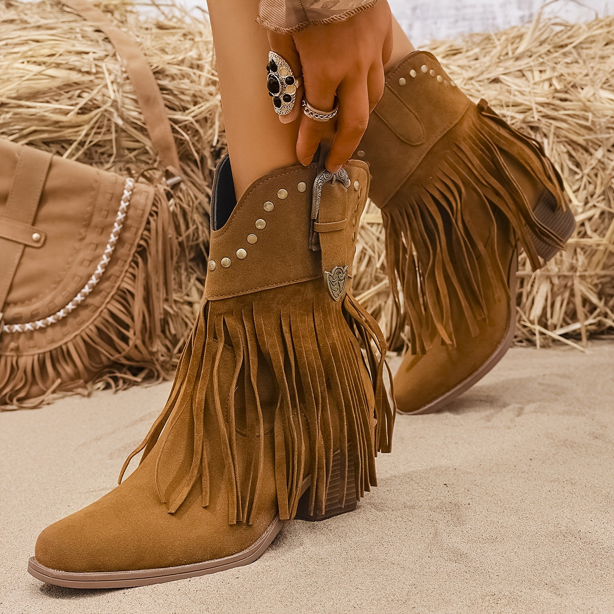 Stivali Cowboy Con Frange Da Donna Con Borchie E Tacco A Blocco, immagine 3