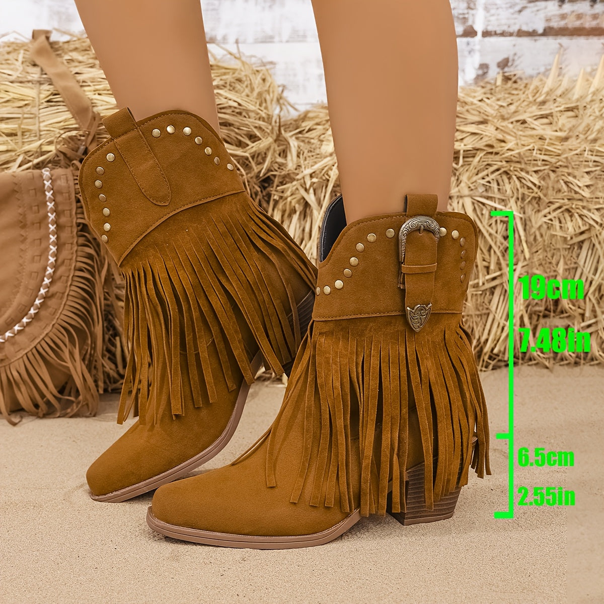 Stivali Cowboy Con Frange Da Donna Con Borchie E Tacco A Blocco, immagine 6