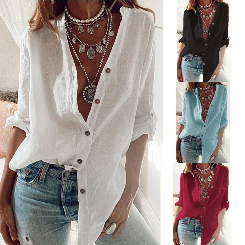 Camicia Ampia Da Donna Con Scollo A V E Maniche Lunghe, immagine 1