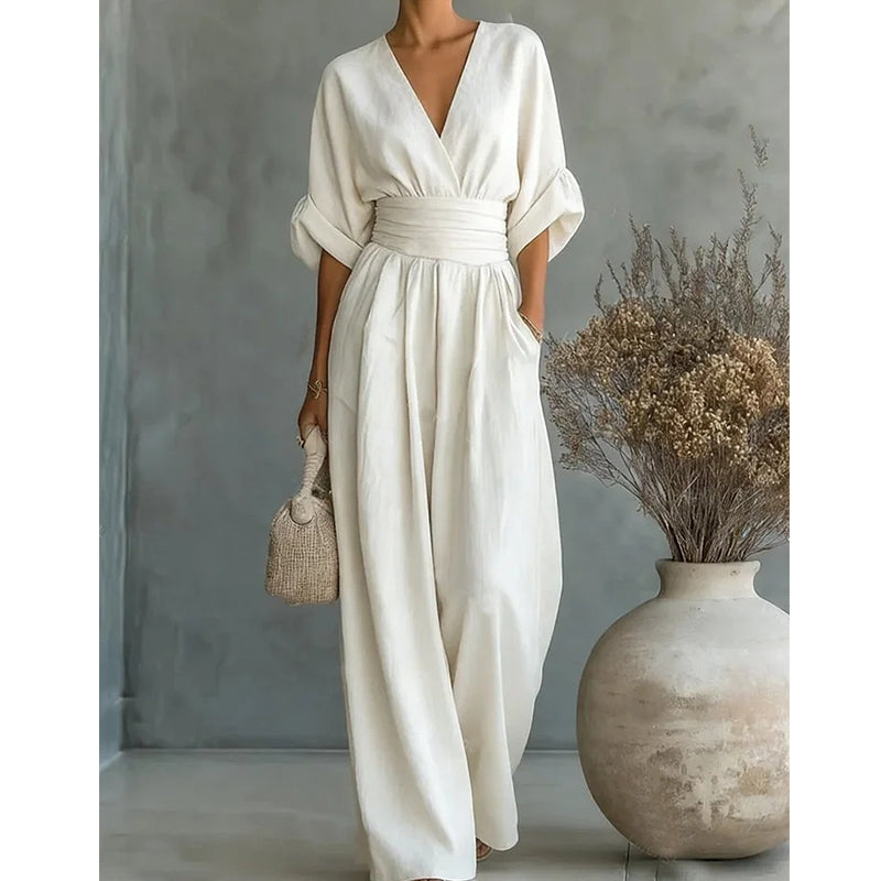Tuta Elegante Da Donna Con Scollo A V E Pantaloni A Gamba Larga, immagine 4