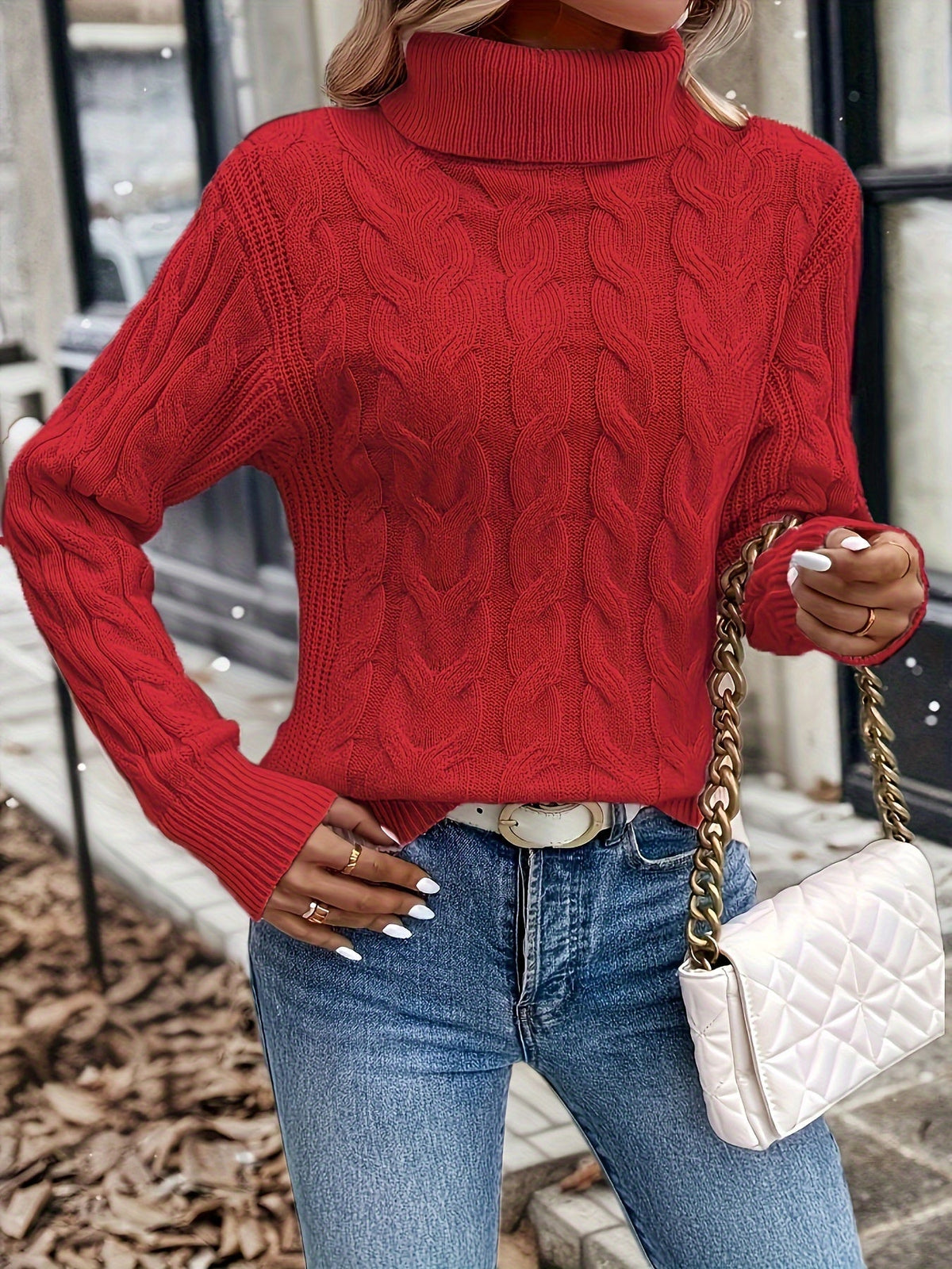 Maglione A Trecce Da Donna Con Collo Alto E Taglio Comodo, immagine 4