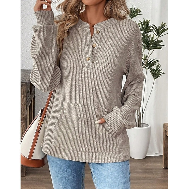 Maglia Henley A Coste Da Donna Con Collo A Bottoni E Tasche Frontali, immagine 1