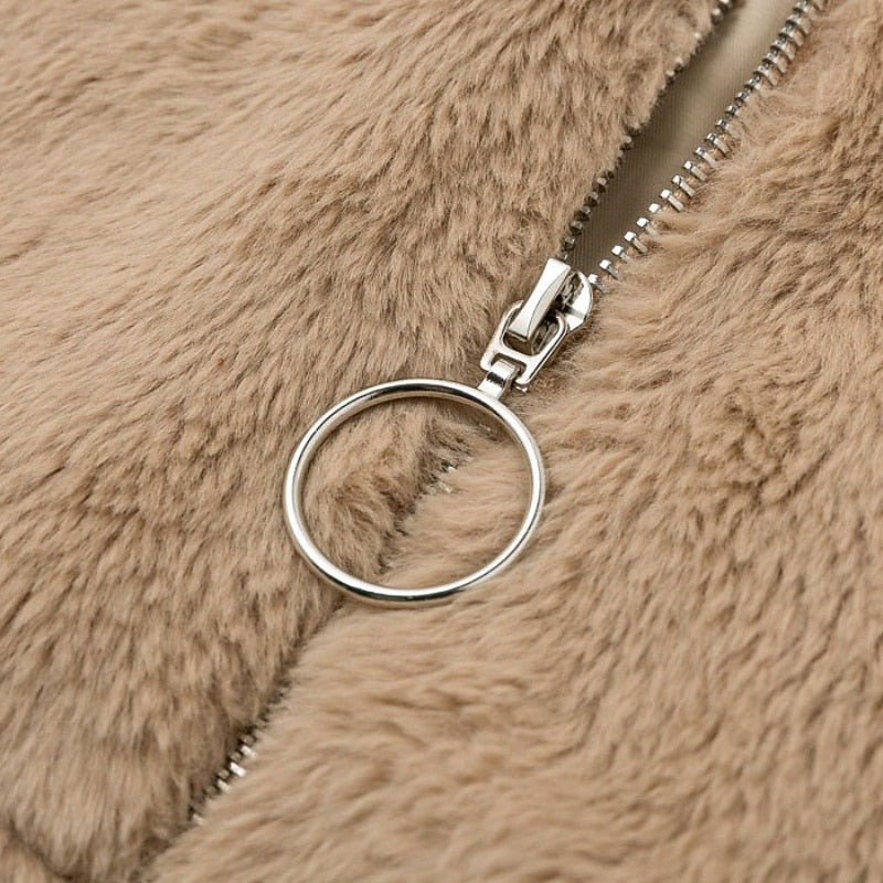 Giacca Corta In Pelliccia Sintetica Da Donna Con Collo Alto E Zip, immagine 4