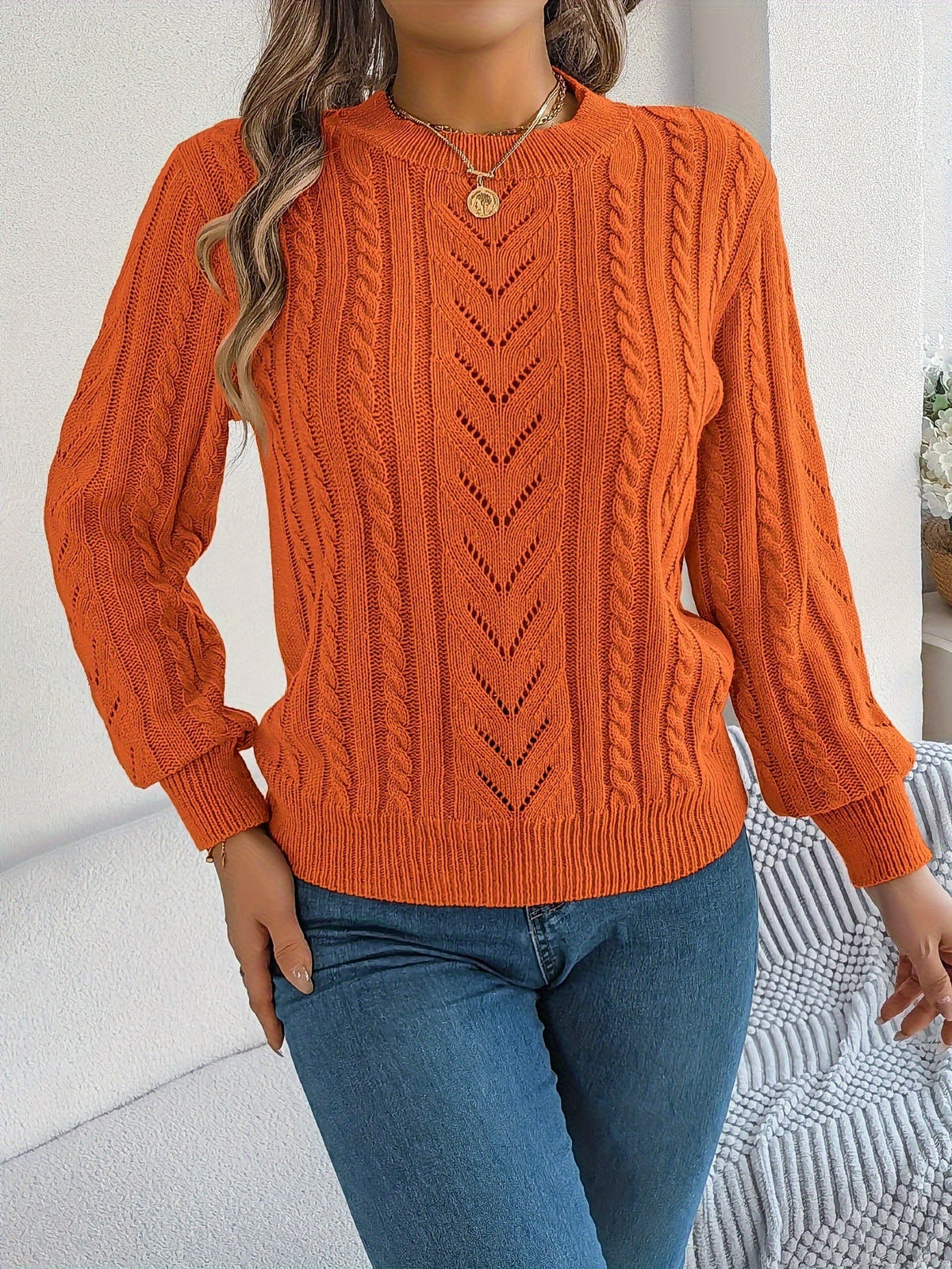 Maglione A Trecce Da Donna Con Girocollo E Maniche Lunghe, immagine 19