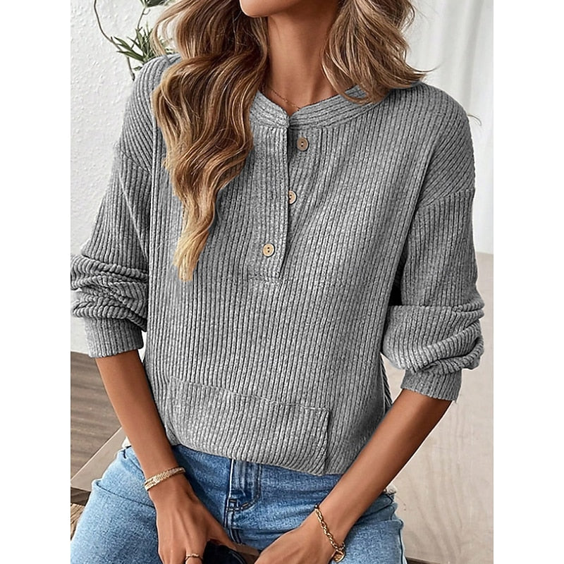 Maglia Henley A Coste Da Donna Con Collo A Bottoni E Tasche Frontali, immagine 4