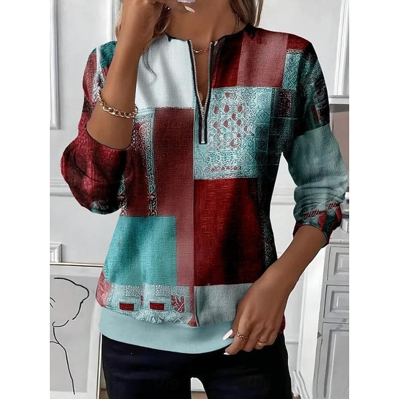 Felpa Color Block Da Donna Con Mezza Zip E Collo Regolabile, immagine 2