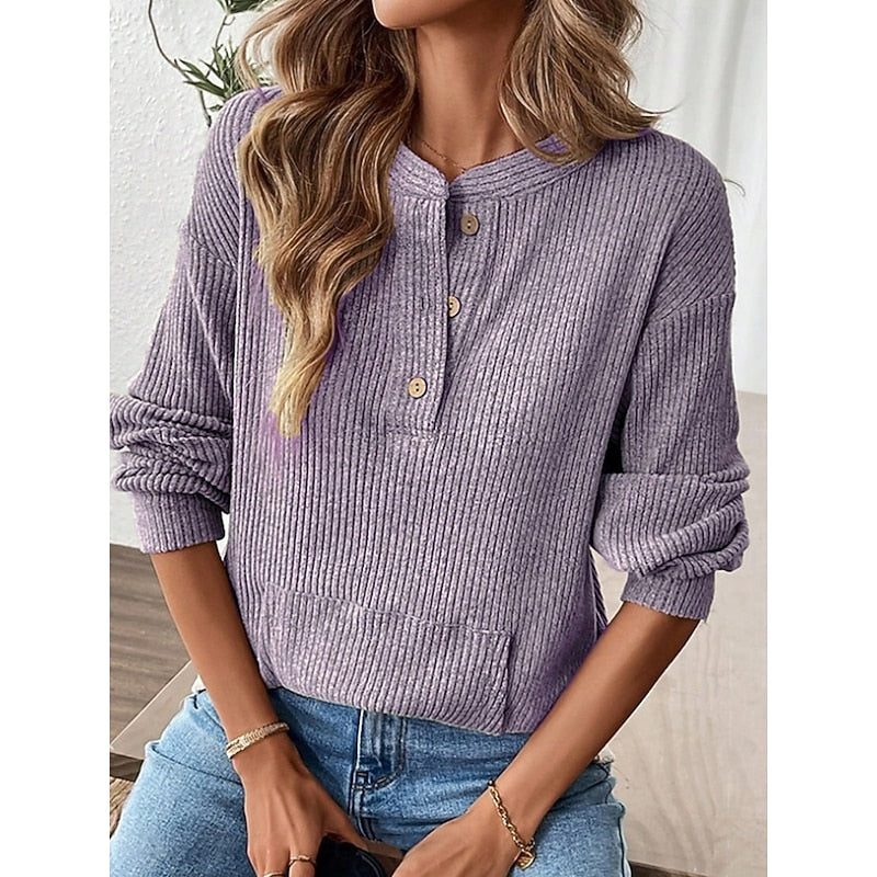 Maglia Henley A Coste Da Donna Con Collo A Bottoni E Tasche Frontali, immagine 2
