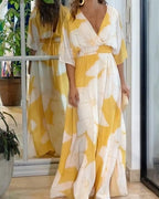 Abito Midi Floreale Giallo Da Donna Con Scollo A V E Gonna Fluida, immagine 1